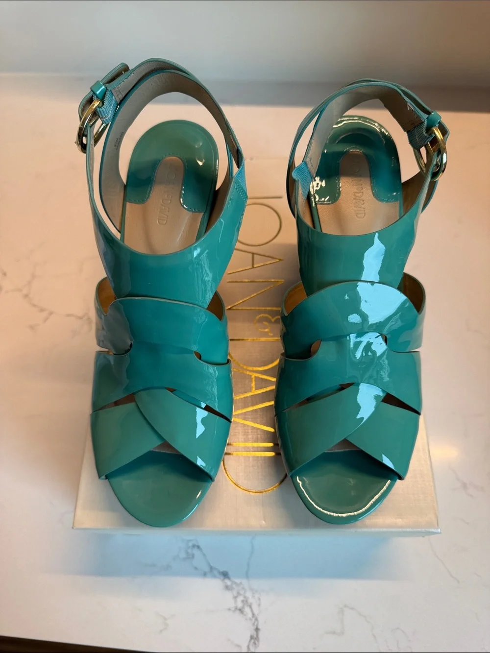 Joan & David Turquoise Patent Leather Wedge Sandals